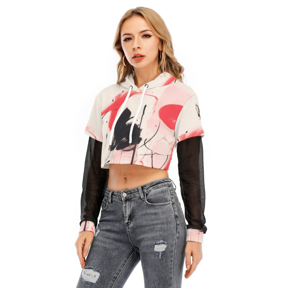 All-Over Print Women's Fake Two-piece Mesh Sleeve Cropped Hoodie