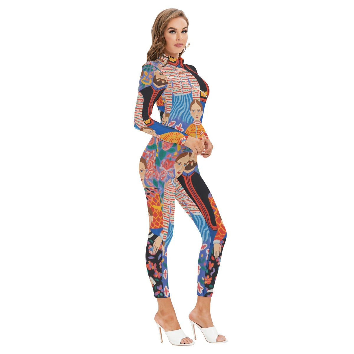 All-Over Print Women's Long-sleeved High-neck Jumpsuit With Zipper