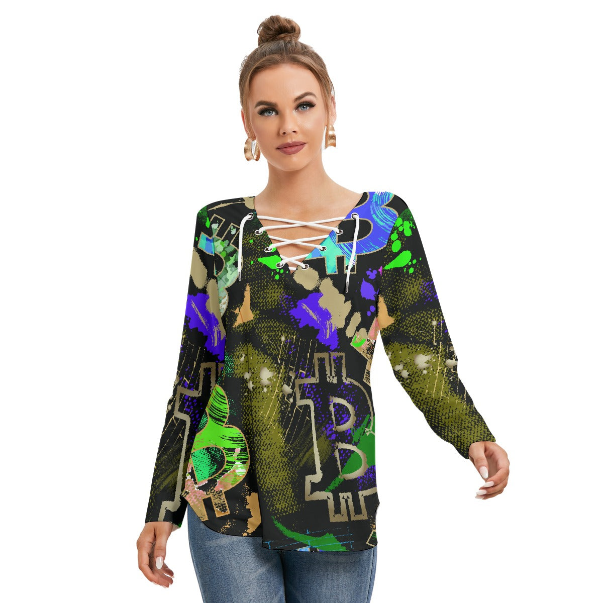 All-Over Print Women's Long Sleeve Neckline Tie Sweatshirt