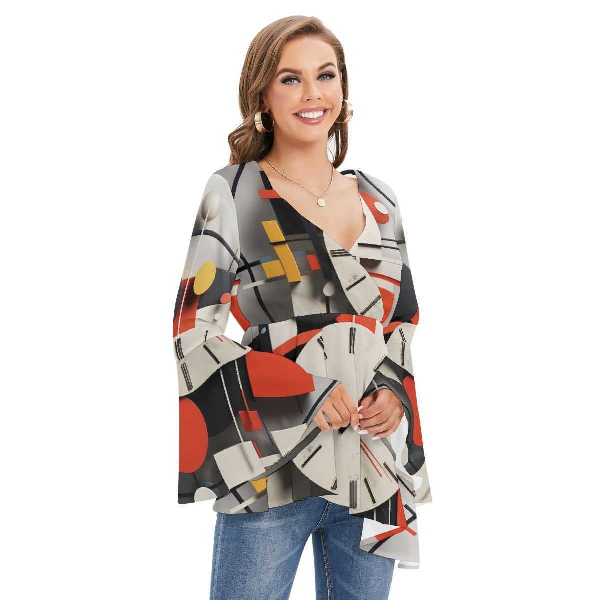 All-Over Print Women's V-neck Blouse With Flared Sleeves