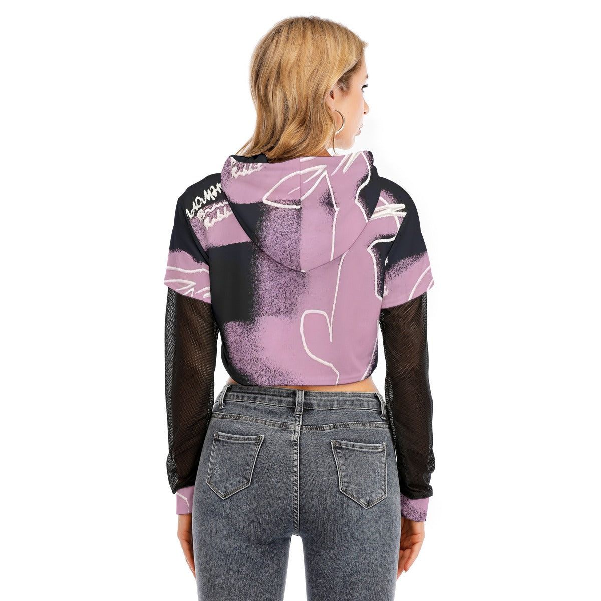All-Over Print Women's Fake Two-piece Mesh Sleeve Cropped Hoodie