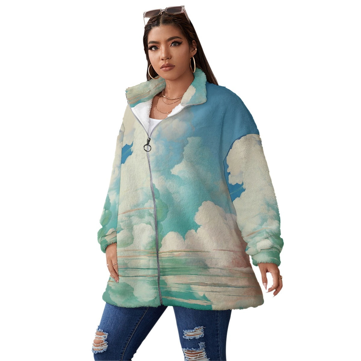 All-Over Print Unisex Borg Fleece Stand-up Collar Coat With Zipper Closure(Plus Size)