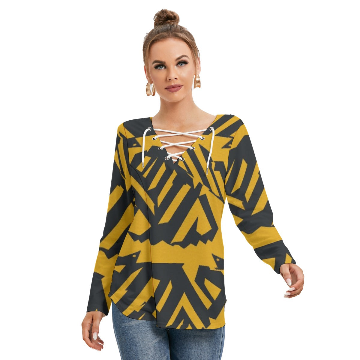 All-Over Print Women's Long Sleeve Neckline Tie Sweatshirt