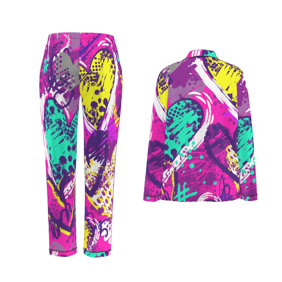 All-Over Print Women's Long Sleeve Pajama Set With Black Contrast Piping