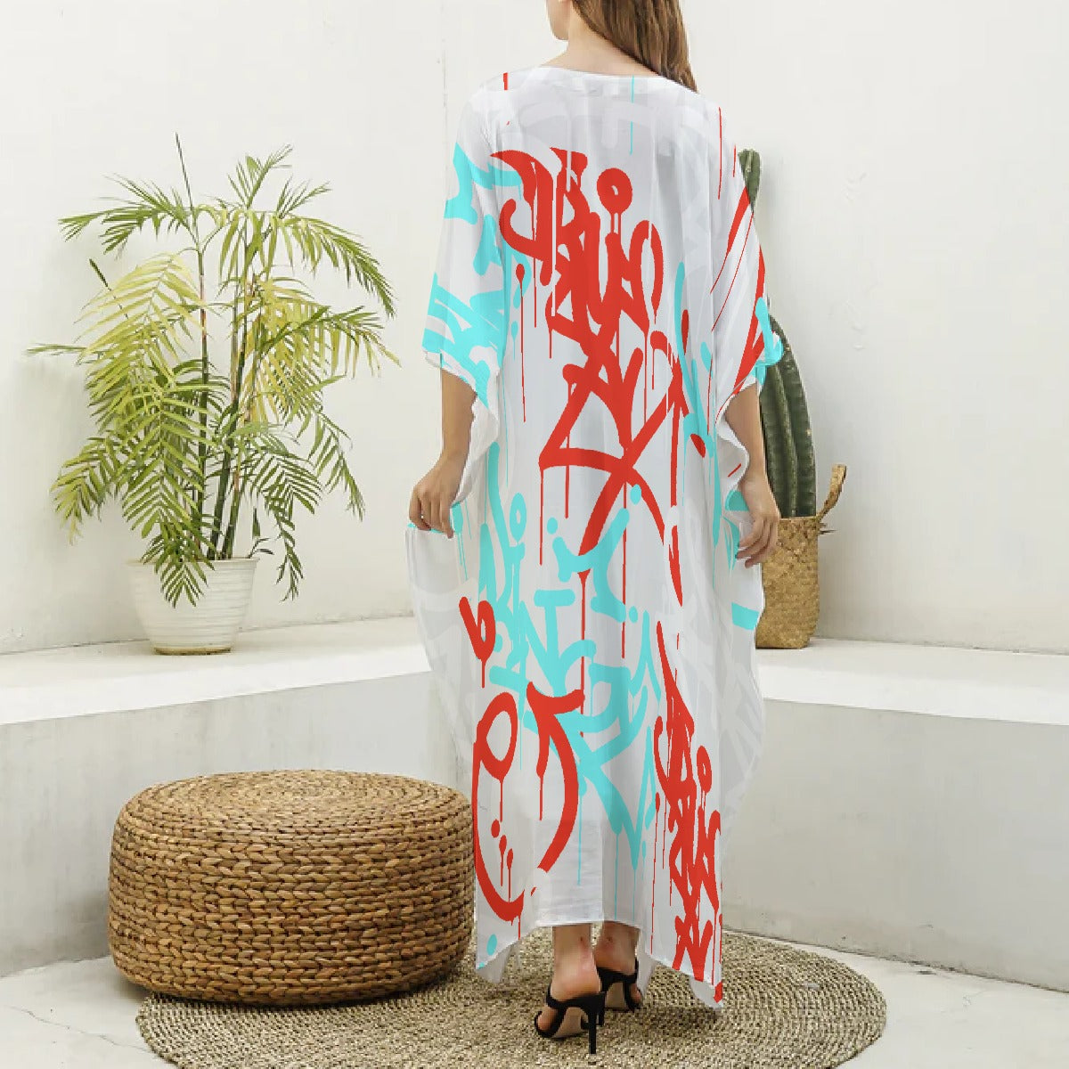 All-Over Print Women's Imitation Silk V-neck Kaftan Robe