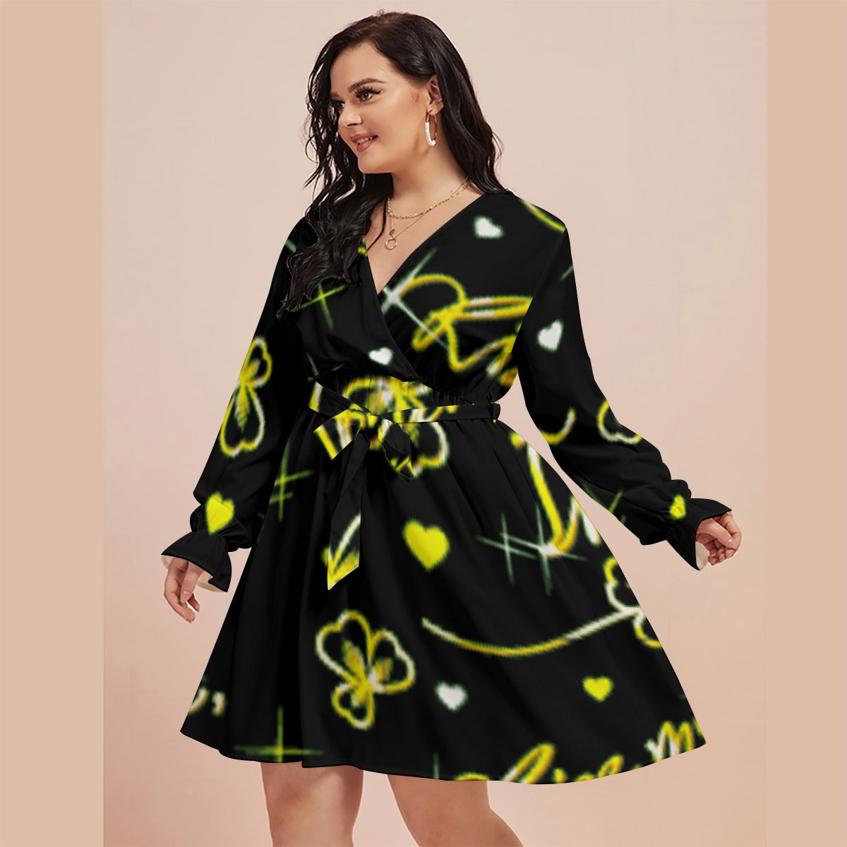 All-Over Print Women's V-neck Dress With Waistband(Plus Size)