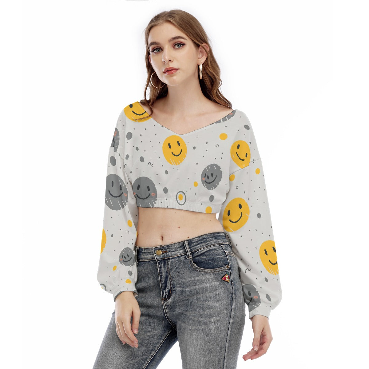 All-Over Print Women's V-neck Long Sleeve Cropped Sweatshirt
