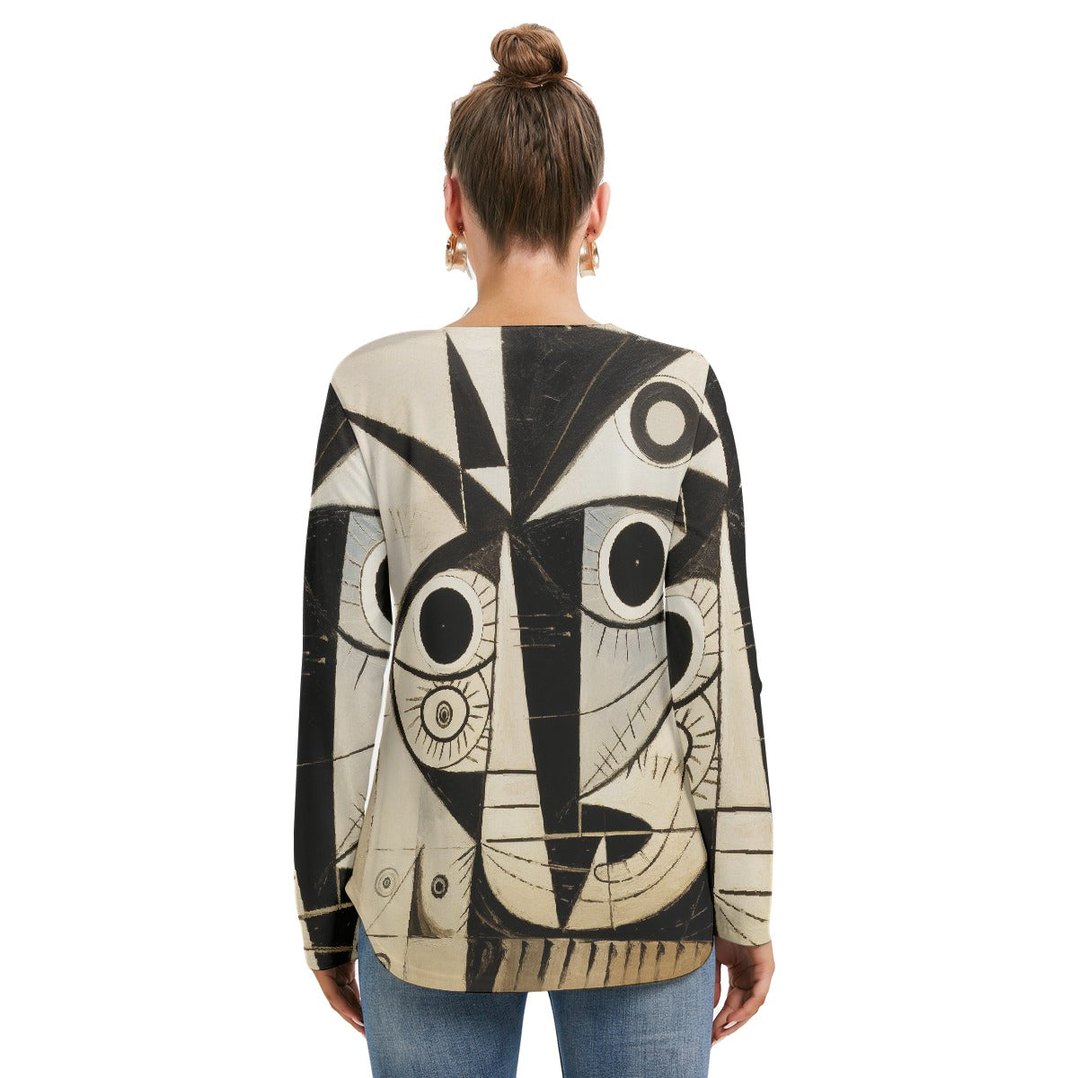 All-Over Print Women's Long Sleeve Neckline Tie Sweatshirt