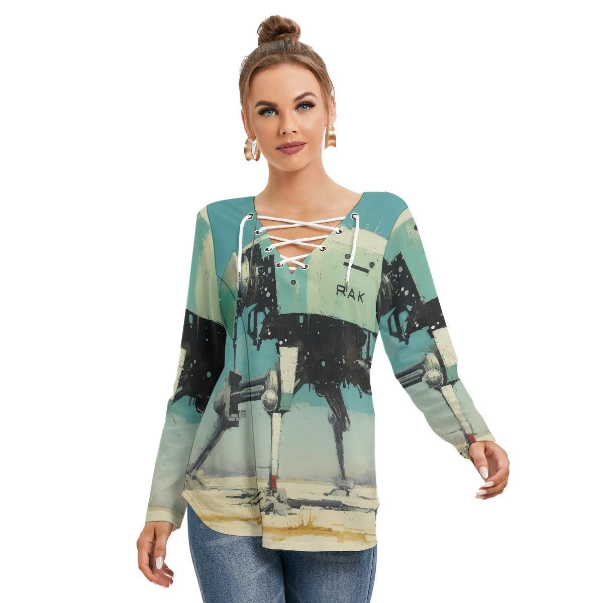 All-Over Print Women's Long Sleeve Neckline Tie Sweatshirt