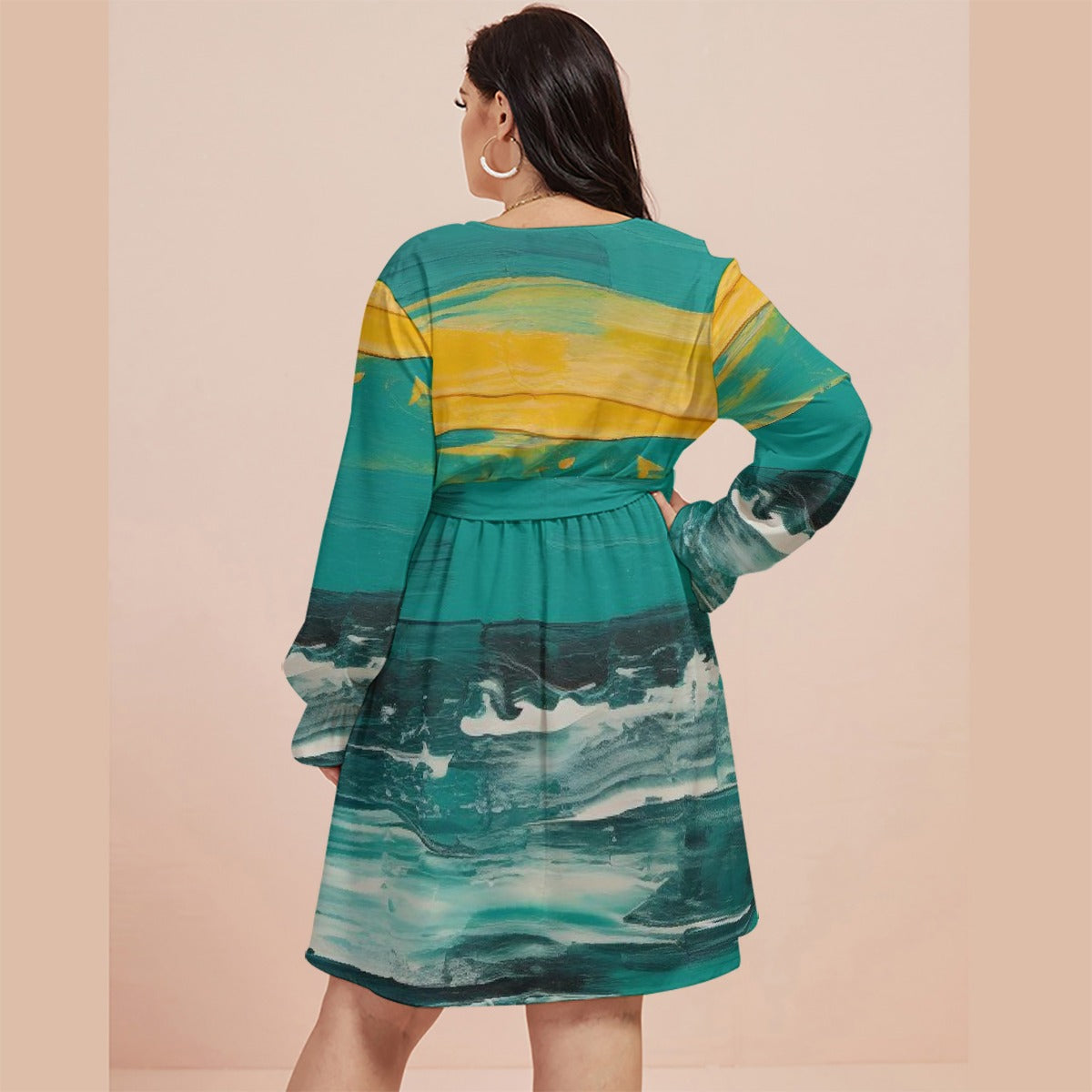 All-Over Print Women's V-neck Dress With Waistband(Plus Size)