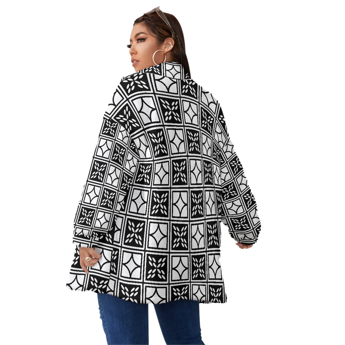 All-Over Print Unisex Borg Fleece Stand-up Collar Coat With Zipper Closure(Plus Size)