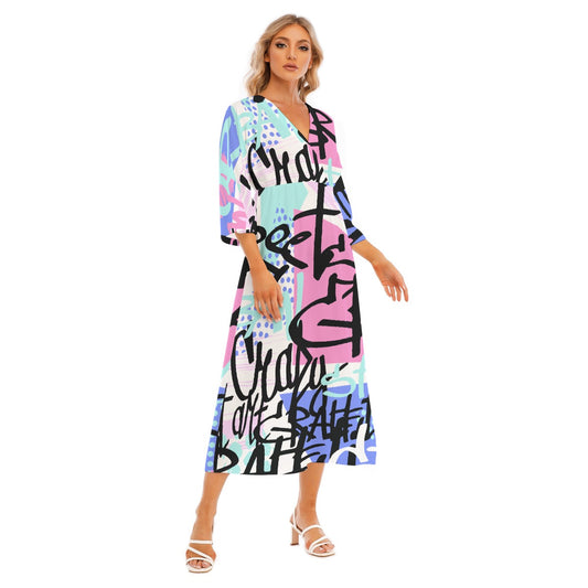 All-Over Print Women's Mid-Sleeve Long Dress