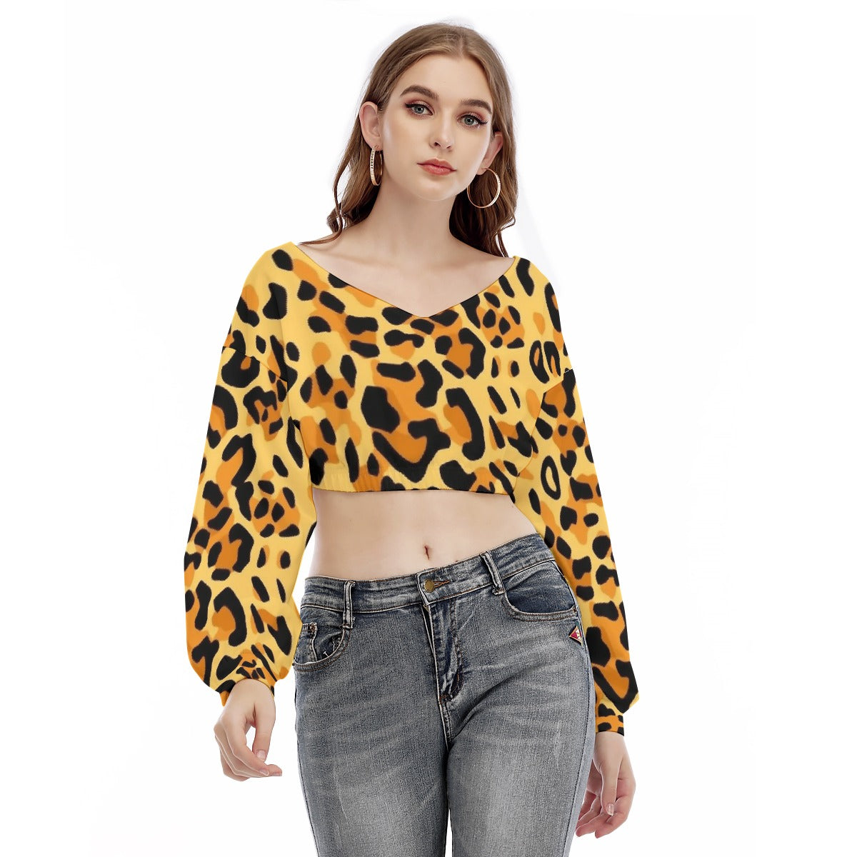 All-Over Print Women's V-neck Long Sleeve Cropped Sweatshirt