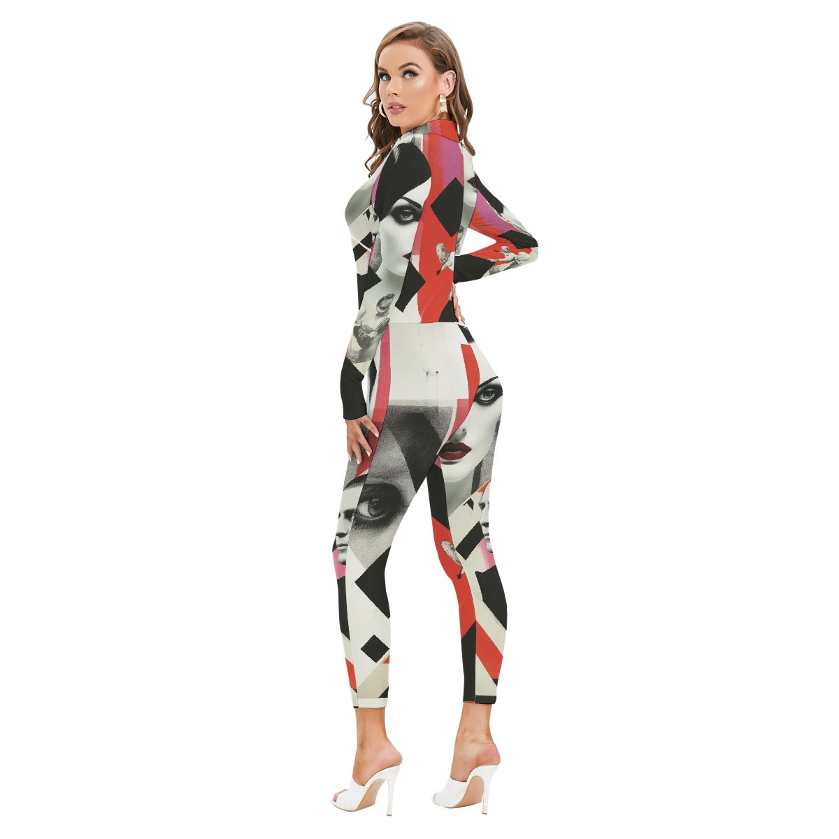 All-Over Print Women's Long-sleeved High-neck Jumpsuit With Zipper