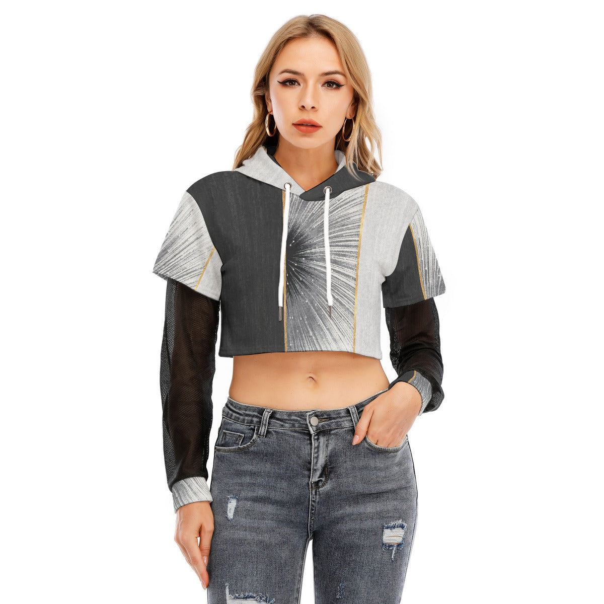 All-Over Print Women's Fake Two-piece Mesh Sleeve Cropped Hoodie