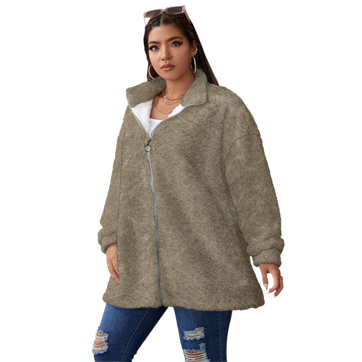 All-Over Print Unisex Borg Fleece Stand-up Collar Coat With Zipper Closure(Plus Size)
