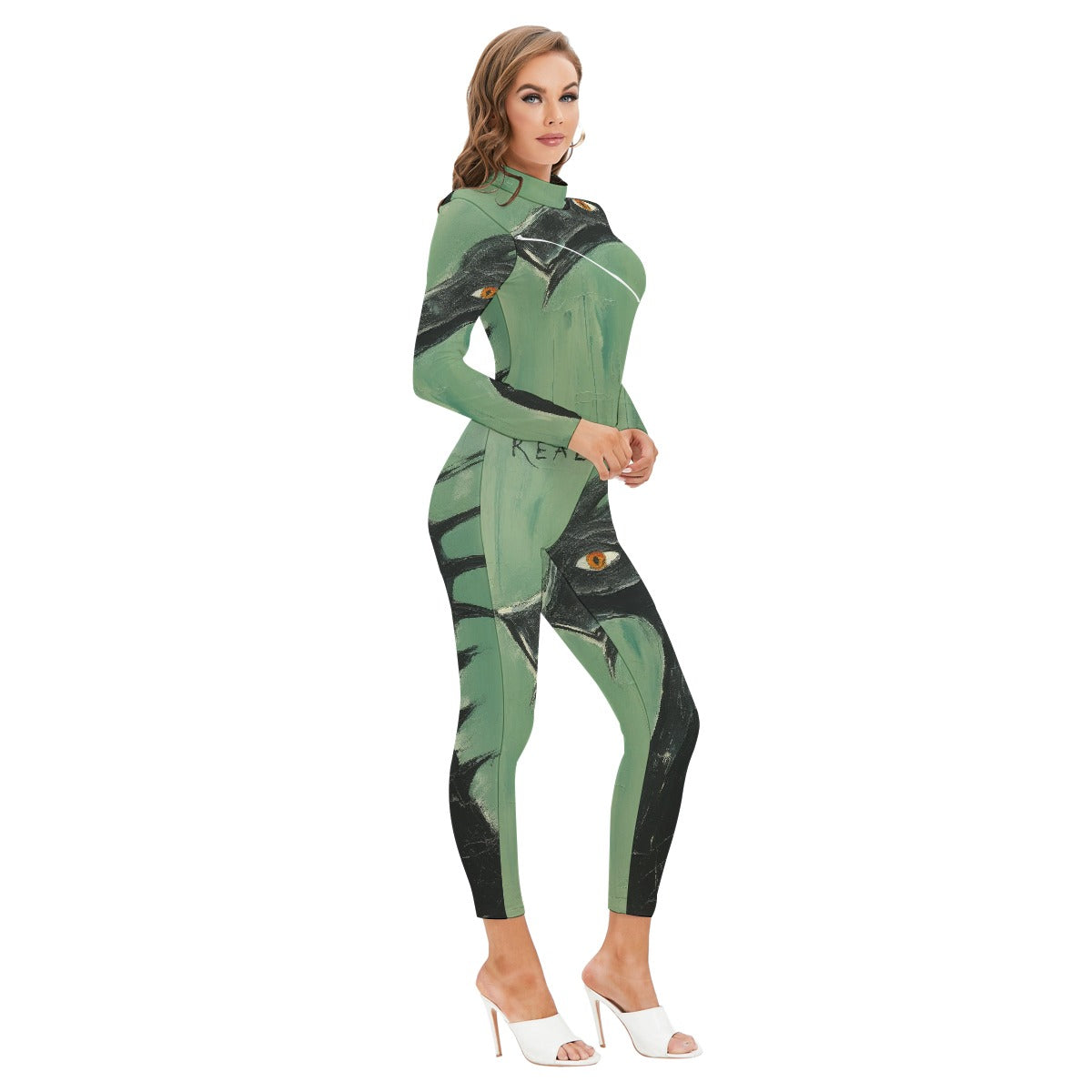 All-Over Print Women's Long-sleeved High-neck Jumpsuit With Zipper