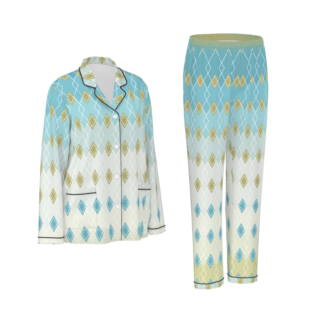 All-Over Print Women's Long Sleeve Pajama Set With Black Contrast Piping