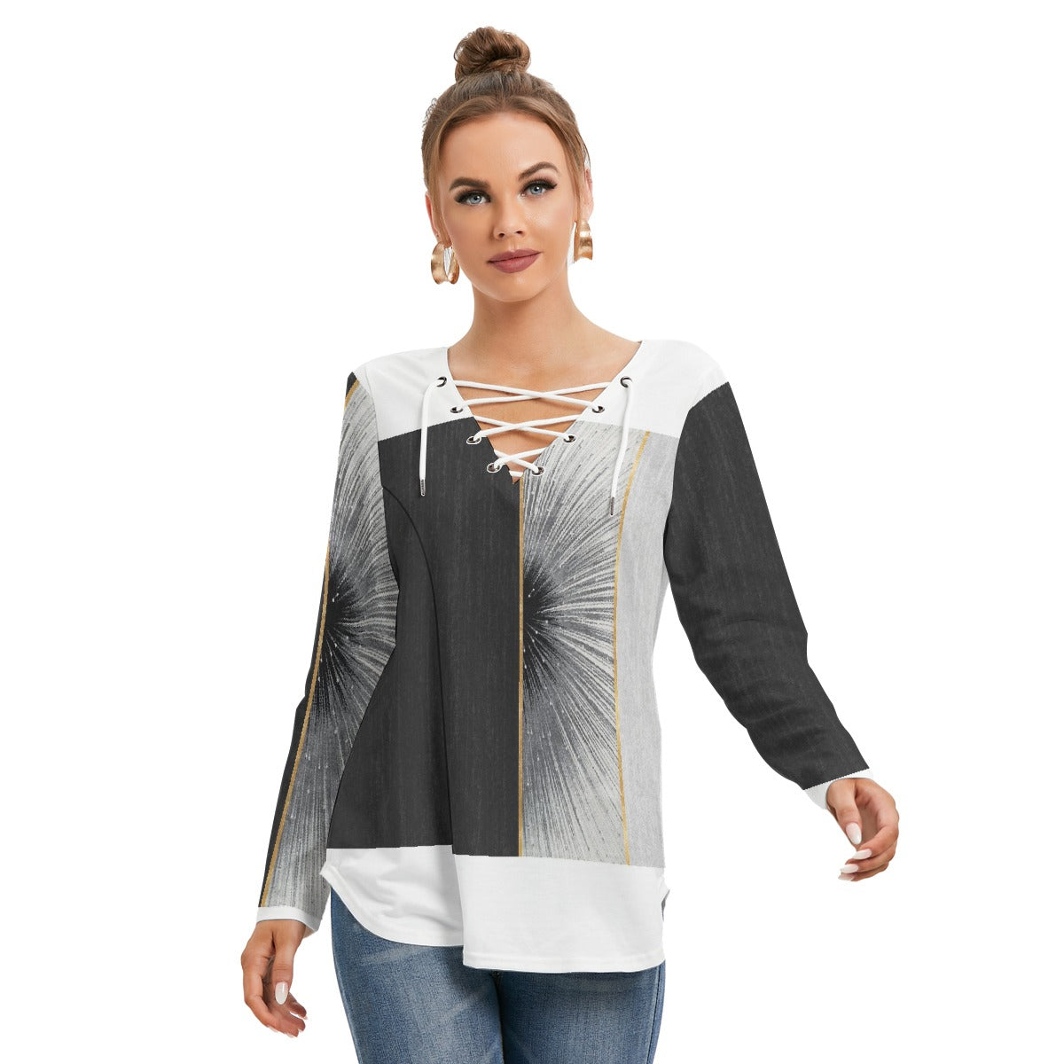 All-Over Print Women's Long Sleeve Neckline Tie Sweatshirt