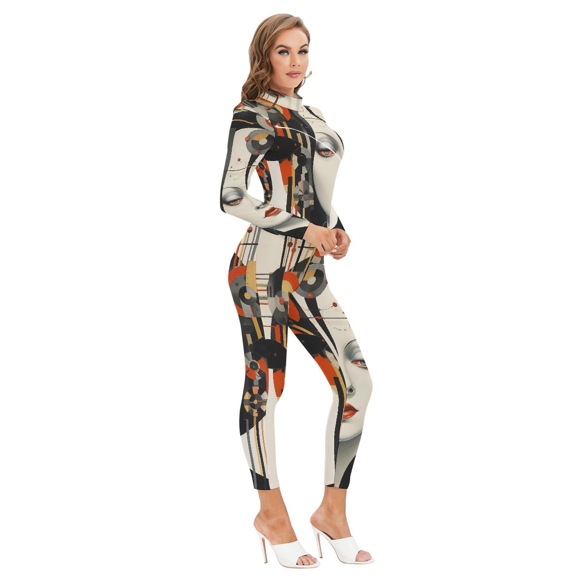 All-Over Print Women's Long-sleeved High-neck Jumpsuit With Zipper