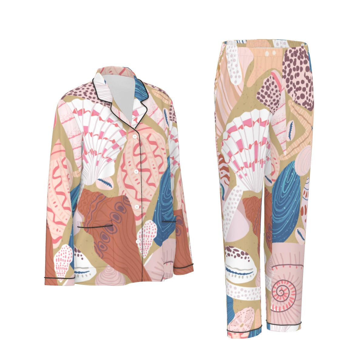 All-Over Print Women's Long Sleeve Pajama Set With Black Contrast Piping