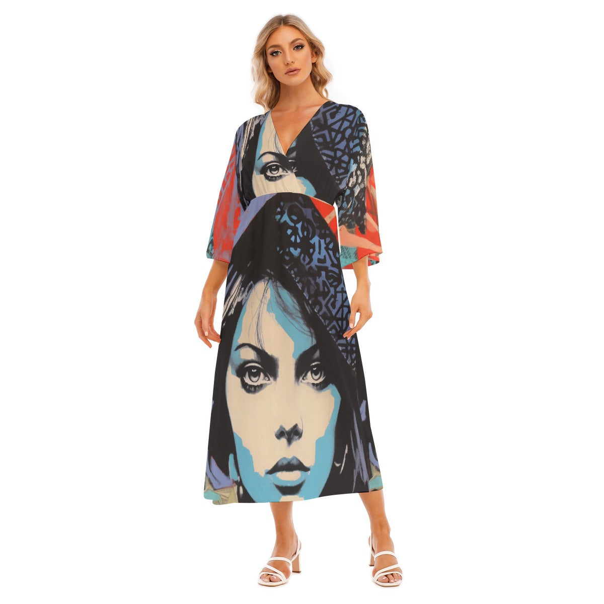 All-Over Print Women's Mid-Sleeve Long Dress