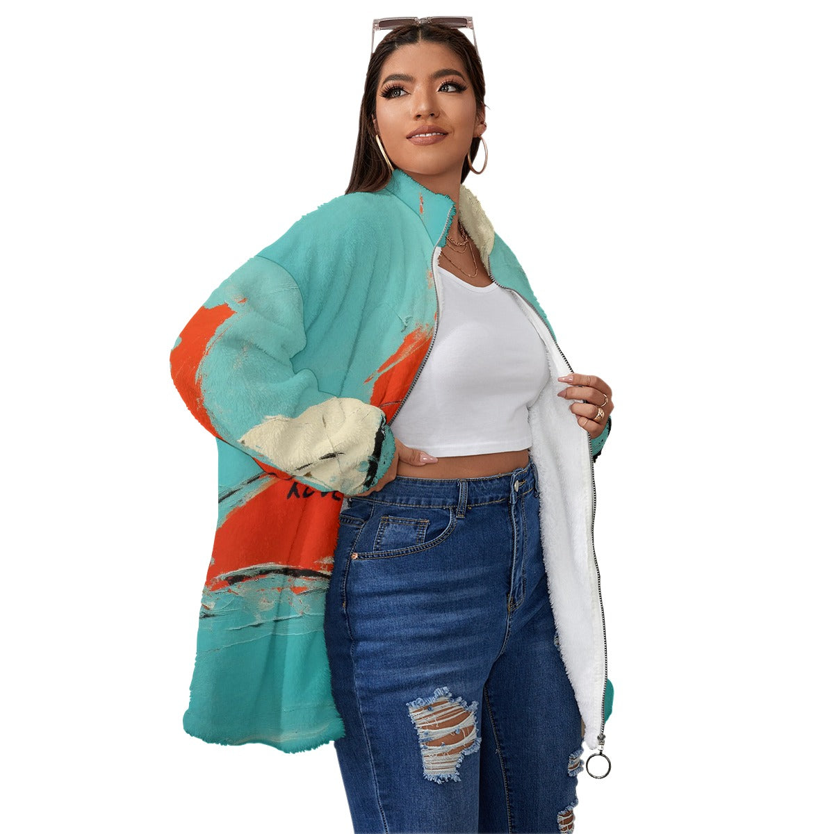 All-Over Print Unisex Borg Fleece Stand-up Collar Coat With Zipper Closure(Plus Size)