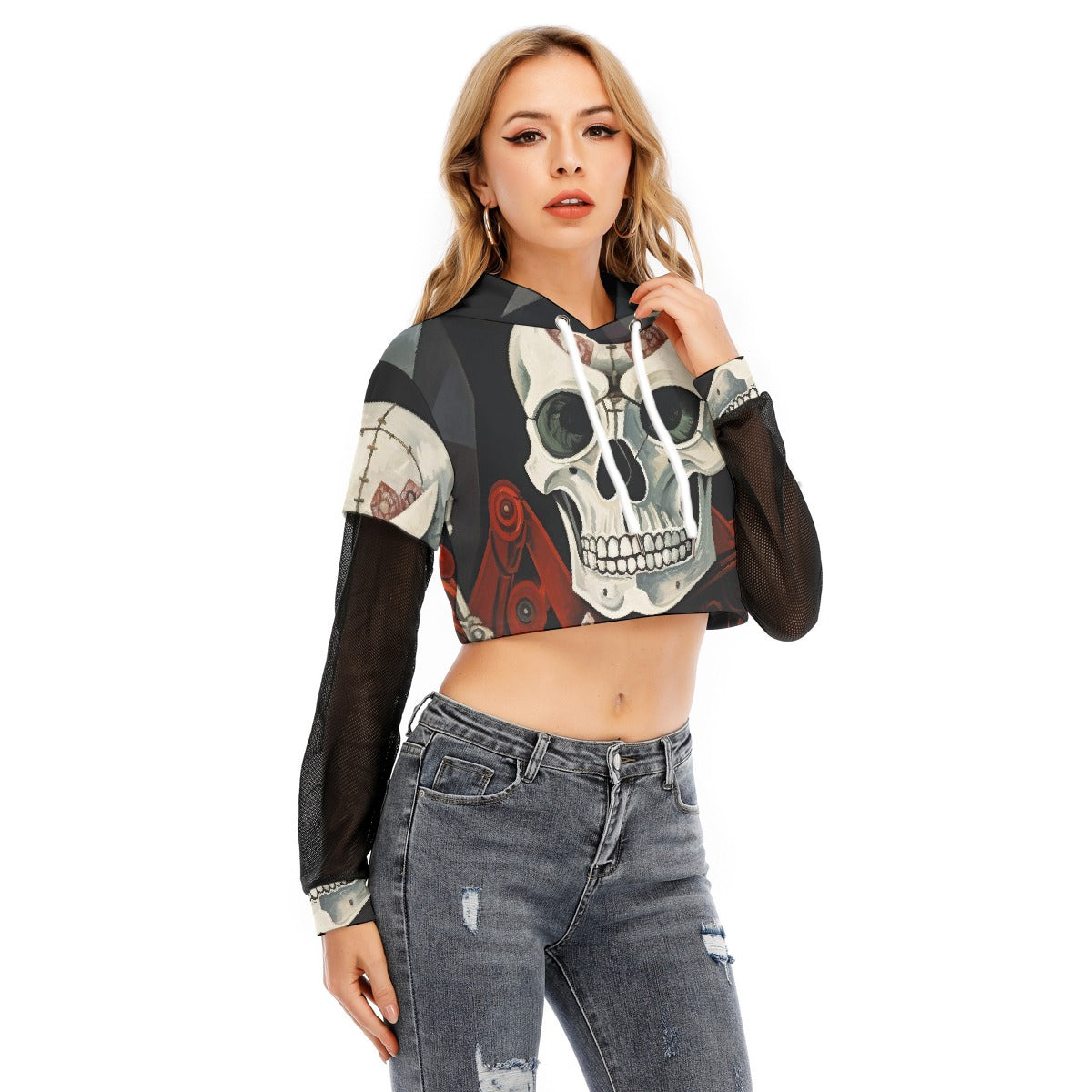 All-Over Print Women's Fake Two-piece Mesh Sleeve Cropped Hoodie