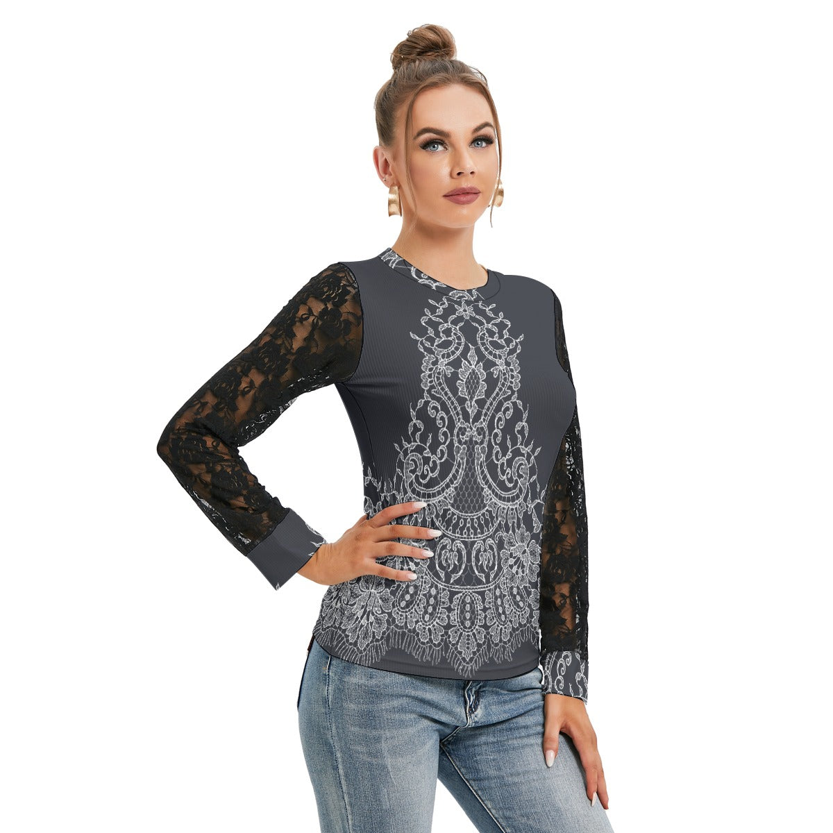 All-Over Print Women's T-shirt And Sleeve With Black Lace