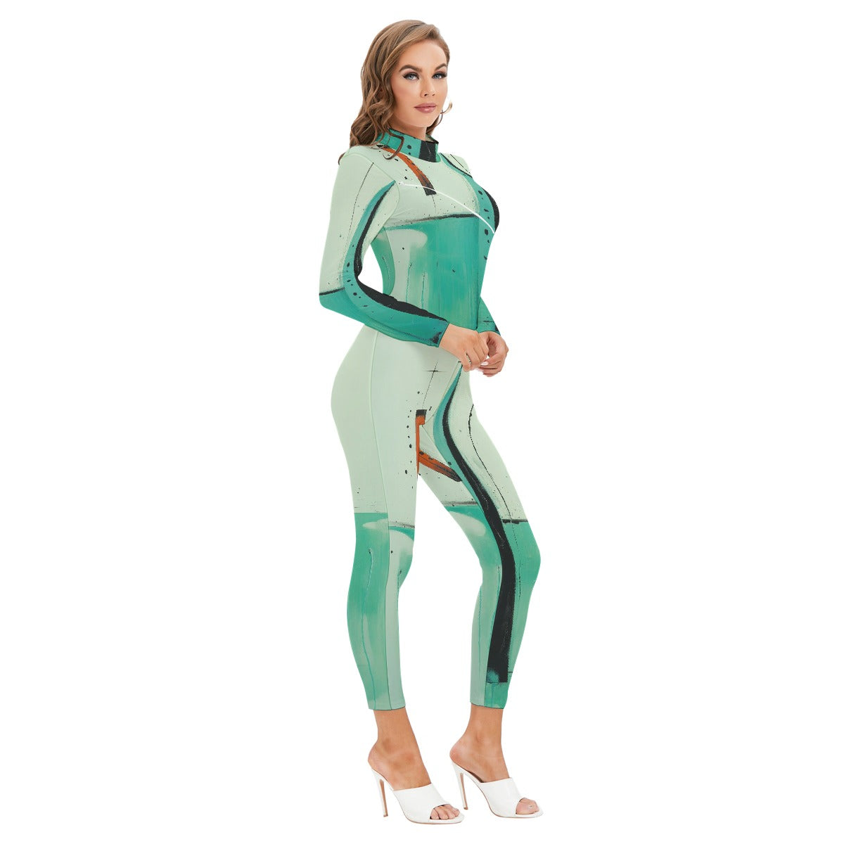 All-Over Print Women's Long-sleeved High-neck Jumpsuit With Zipper