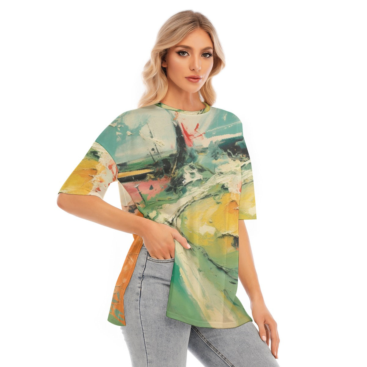 All-Over Print Women's Short Sleeves T-shirt With Hem Split