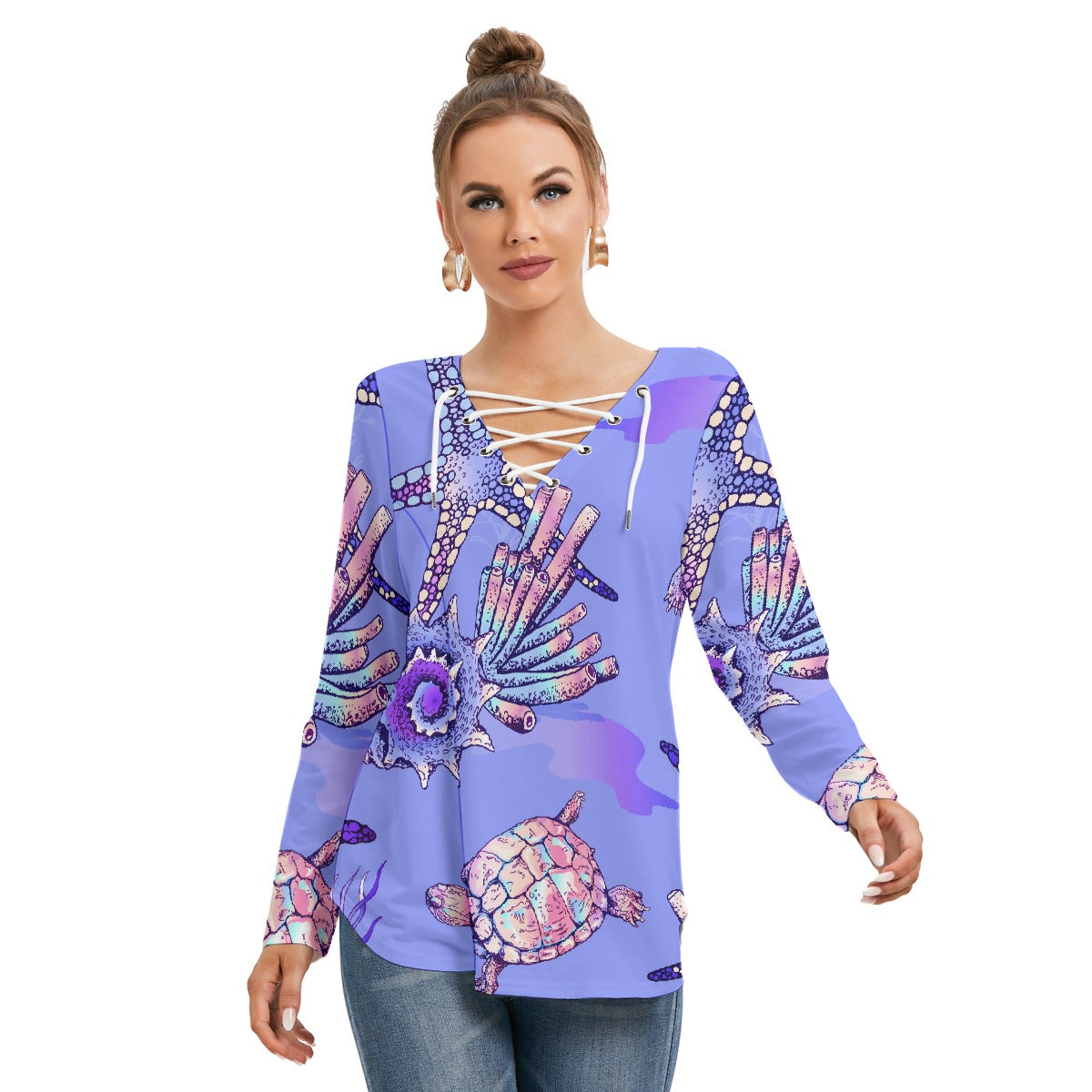 All-Over Print Women's Long Sleeve Neckline Tie Sweatshirt