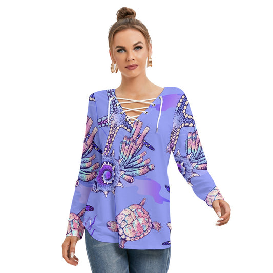 All-Over Print Women's Long Sleeve Neckline Tie Sweatshirt