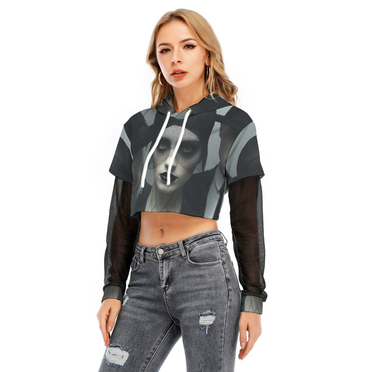 All-Over Print Women's Fake Two-piece Mesh Sleeve Cropped Hoodie