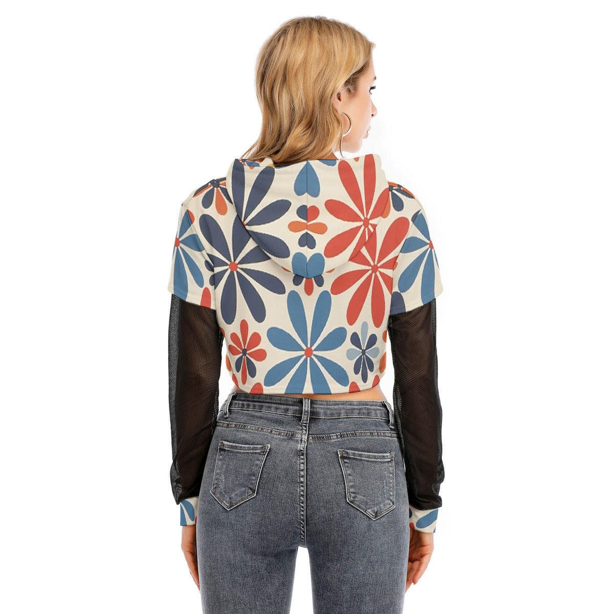 All-Over Print Women's Fake Two-piece Mesh Sleeve Cropped Hoodie