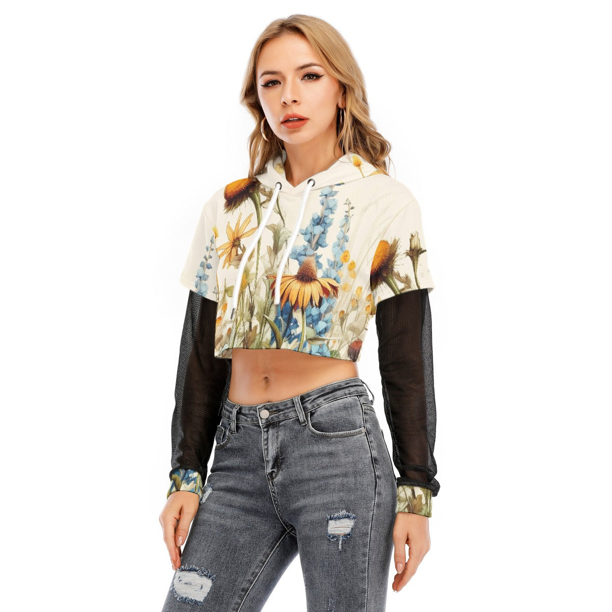 All-Over Print Women's Fake Two-piece Mesh Sleeve Cropped Hoodie