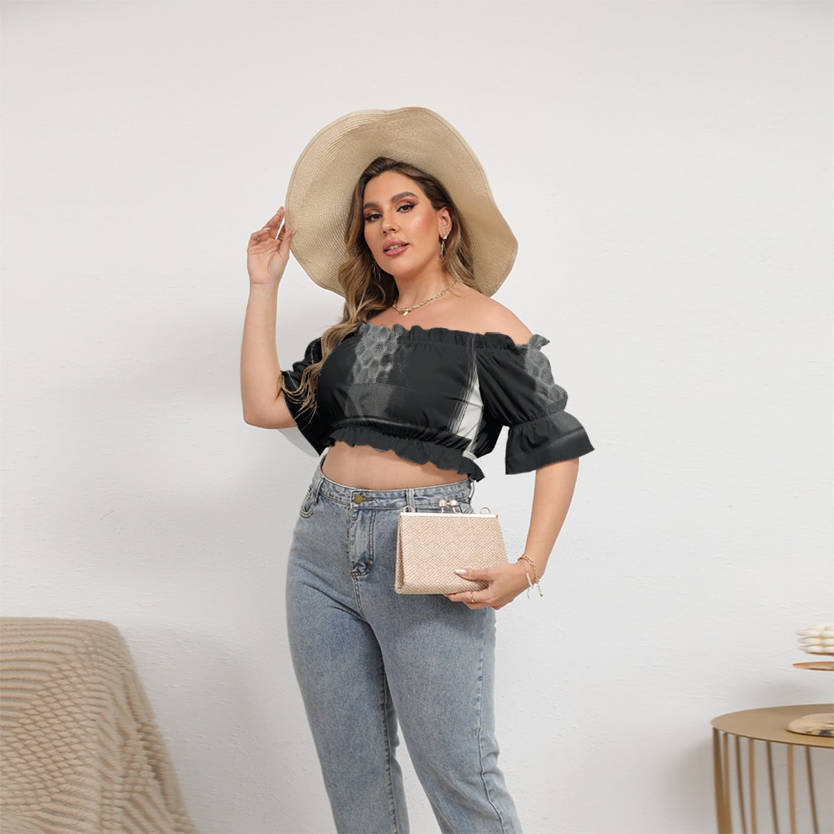 All-Over Print Women's Off-shoulder Cropped Top With Short Puff Sleeve