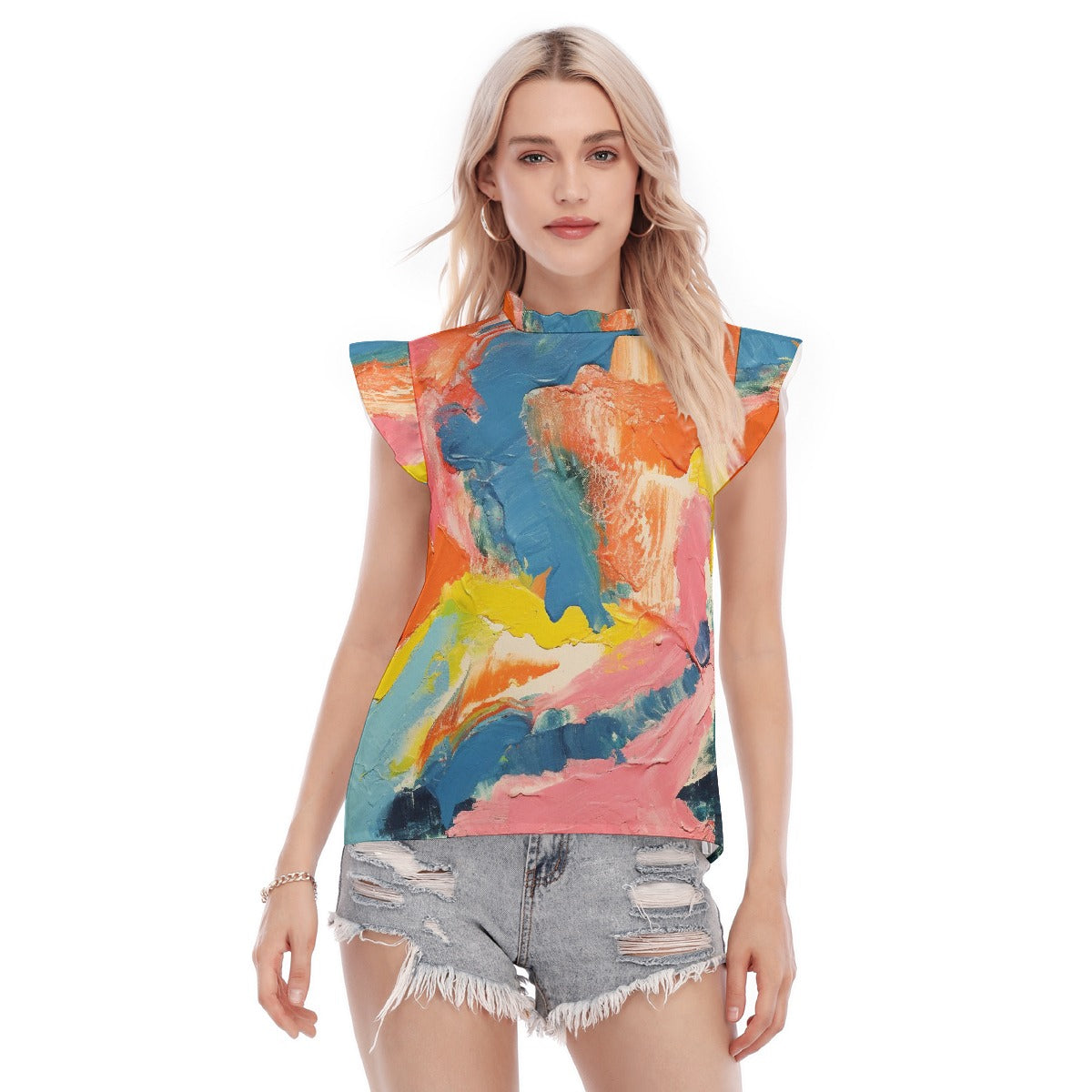 All-Over Print Women's Blouse With Ruffle Collar And Sleeve