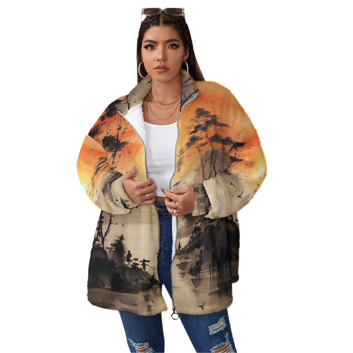 All-Over Print Unisex Borg Fleece Stand-up Collar Coat With Zipper Closure(Plus Size)