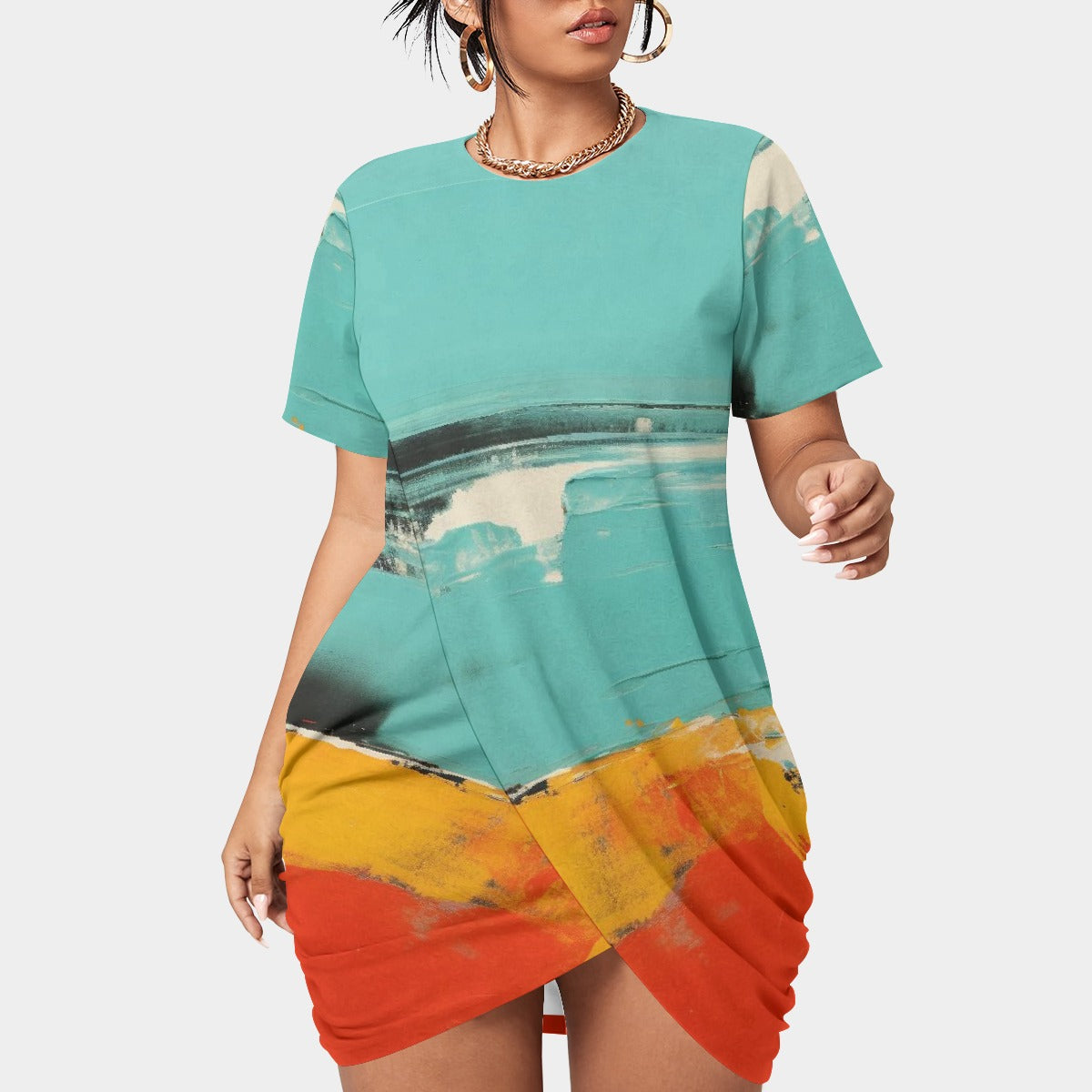 All-Over Print Women’s Stacked Hem Dress With Short Sleeve（Plus Size）