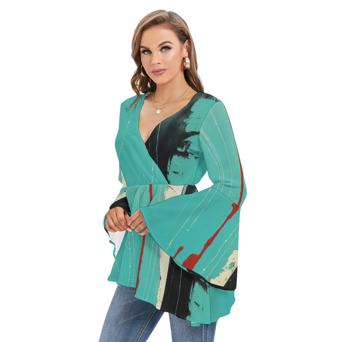 All-Over Print Women's V-neck Blouse With Flared Sleeves