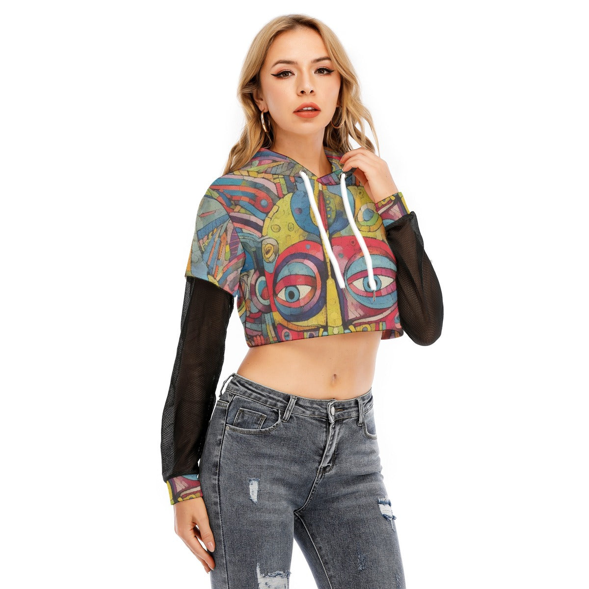 All-Over Print Women's Fake Two-piece Mesh Sleeve Cropped Hoodie