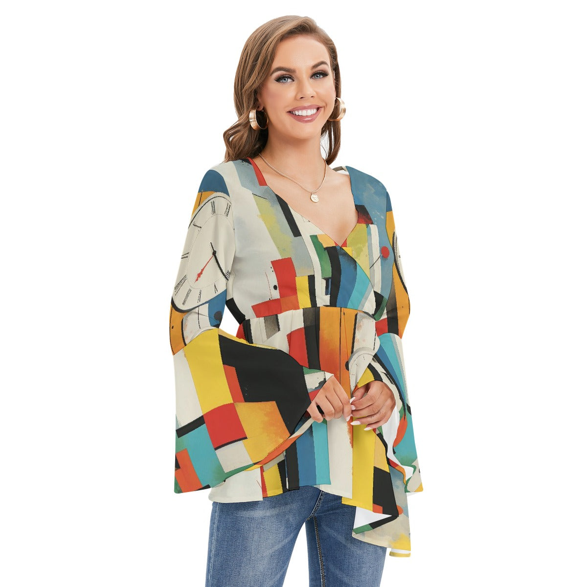 All-Over Print Women's V-neck Blouse With Flared Sleeves