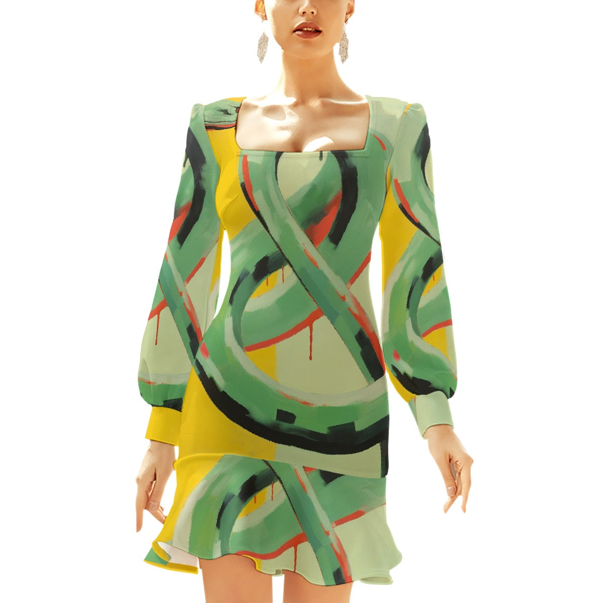 All-Over Print Women's Ruffle Hem Skinny Dress