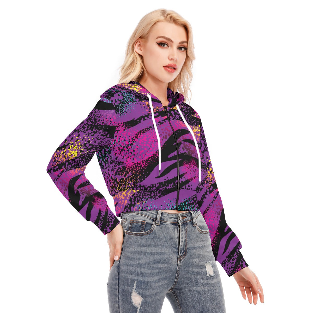 All-Over Print Women's Crop Top Hoodie With Zipper Closure