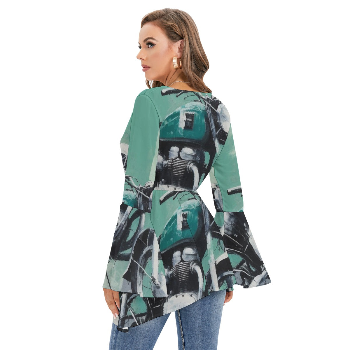 All-Over Print Women's V-neck Blouse With Flared Sleeves