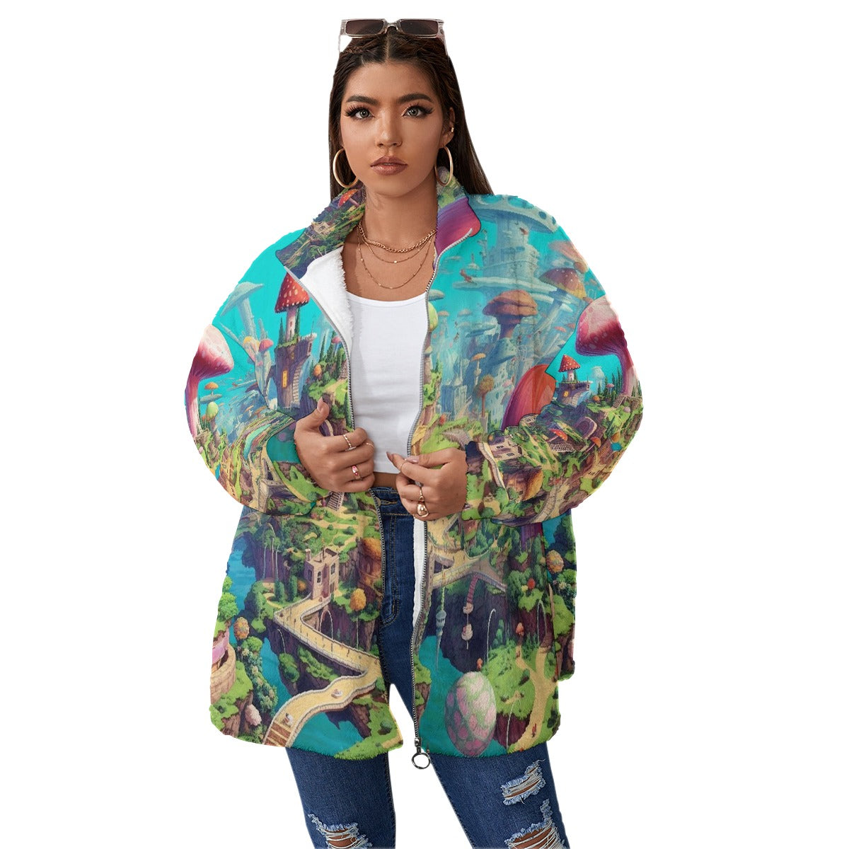 All-Over Print Unisex Borg Fleece Stand-up Collar Coat With Zipper Closure(Plus Size)
