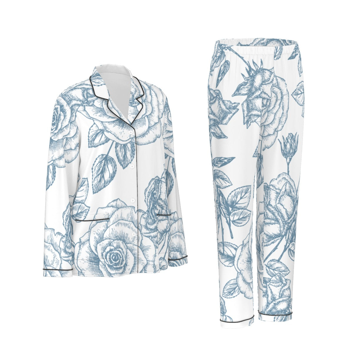 All-Over Print Women's Long Sleeve Pajama Set With Black Contrast Piping