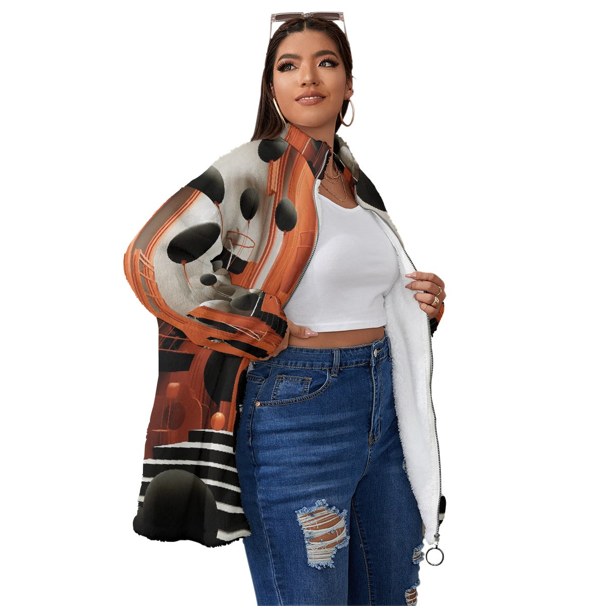 All-Over Print Unisex Borg Fleece Stand-up Collar Coat With Zipper Closure(Plus Size)