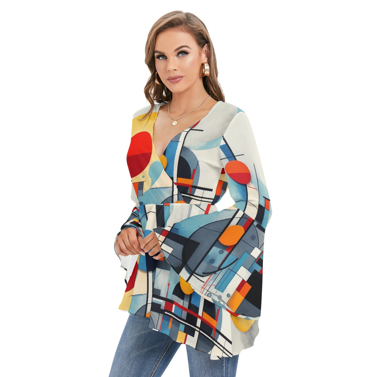All-Over Print Women's V-neck Blouse With Flared Sleeves
